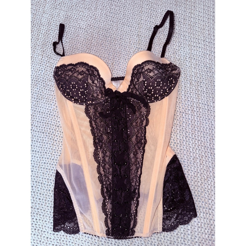 Vintage Victoria's Secret Black Lace Peach Mesh Bustier Corset Top 34B EUC